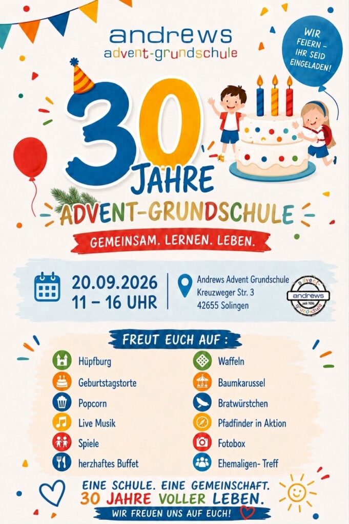 Das Bild enthält eine Einladung zum Sommerfest der Andrews Advent-Grundschule in Solingen anläßlich ihres 30. Gebrutstages. Es ist ein Flyer auf dem im oberen Drittel die Zahl 30 und zwei Kinder mit einer riesigen Geburtstagstorte abgebildet sind. Im Unteren Drittel sind die Angebote aufgelistet. Mit dem Solgan Eine Schule. Eine Gemeinschaft wird herzlch zur Teilnahme eingeladen.